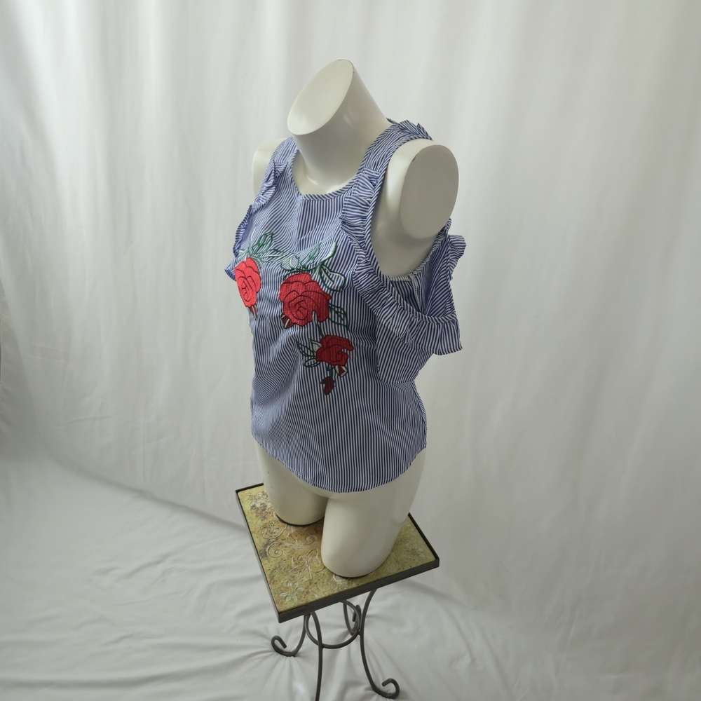 Striped Cold Shoulder Rose Embroidered Top XS | Blue White Ruffle Blouse Y2K